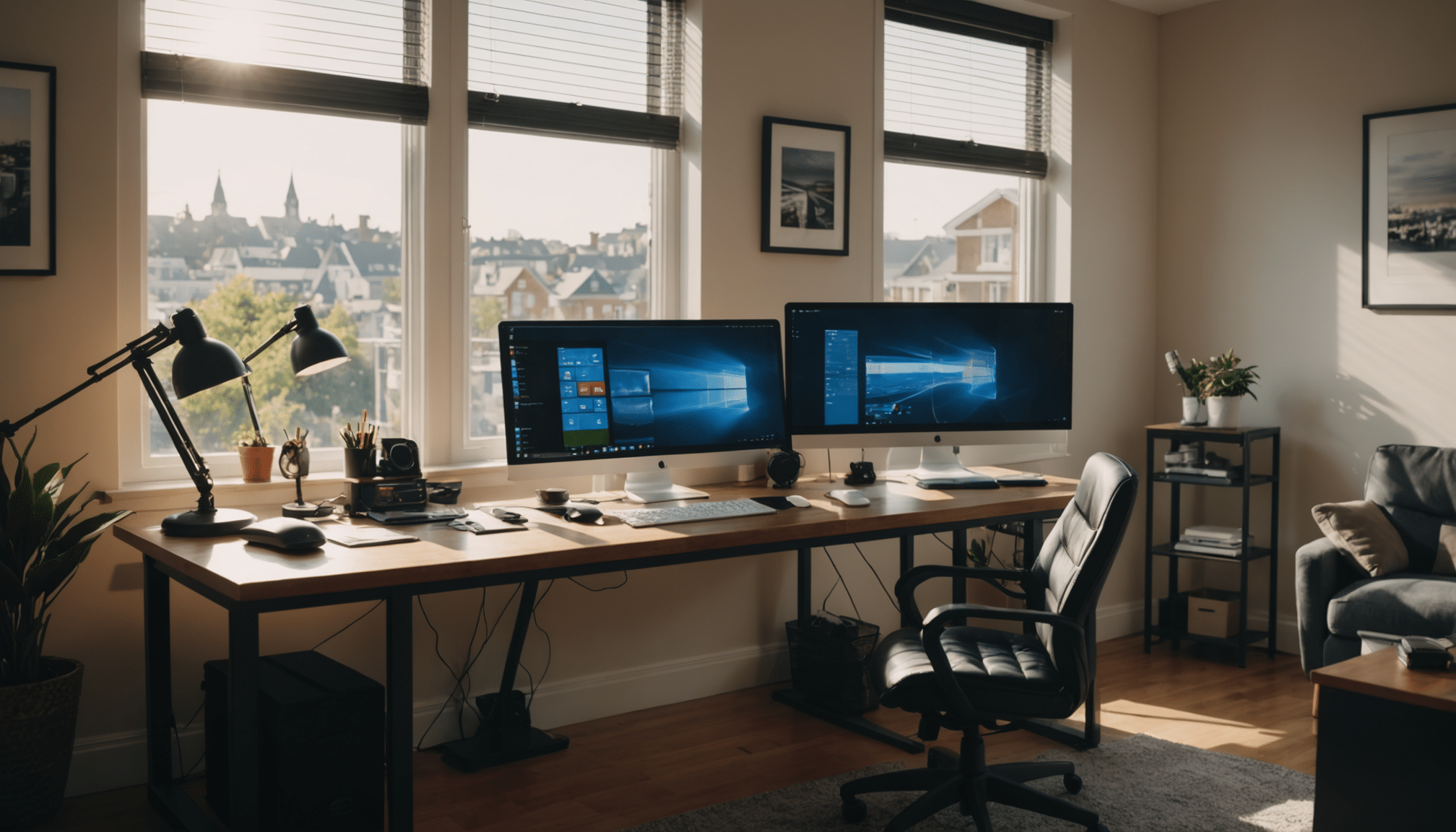 Ergonomic modern home office with optimal sunlight exposure.