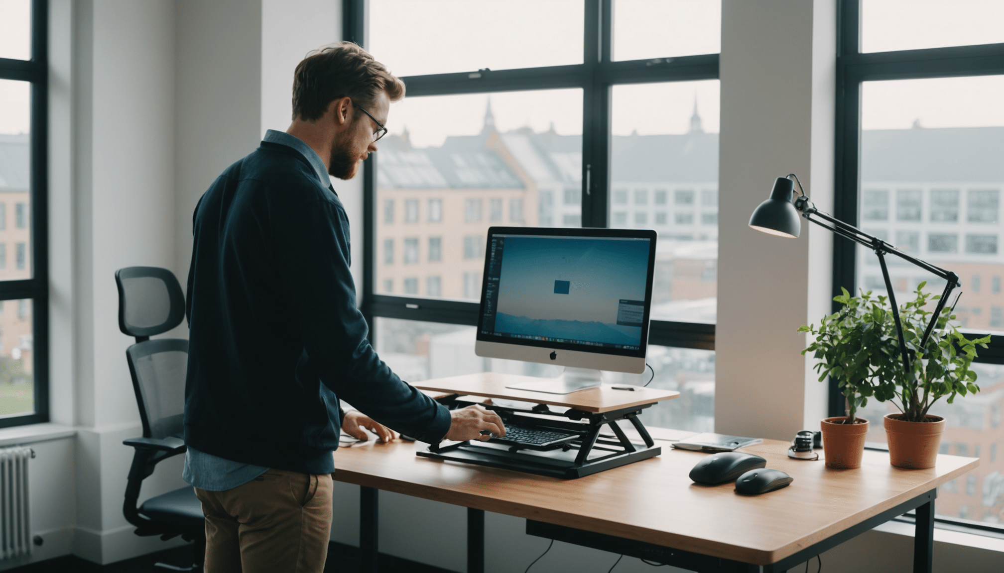 Ergonomic office layout with traditional and standing desks.