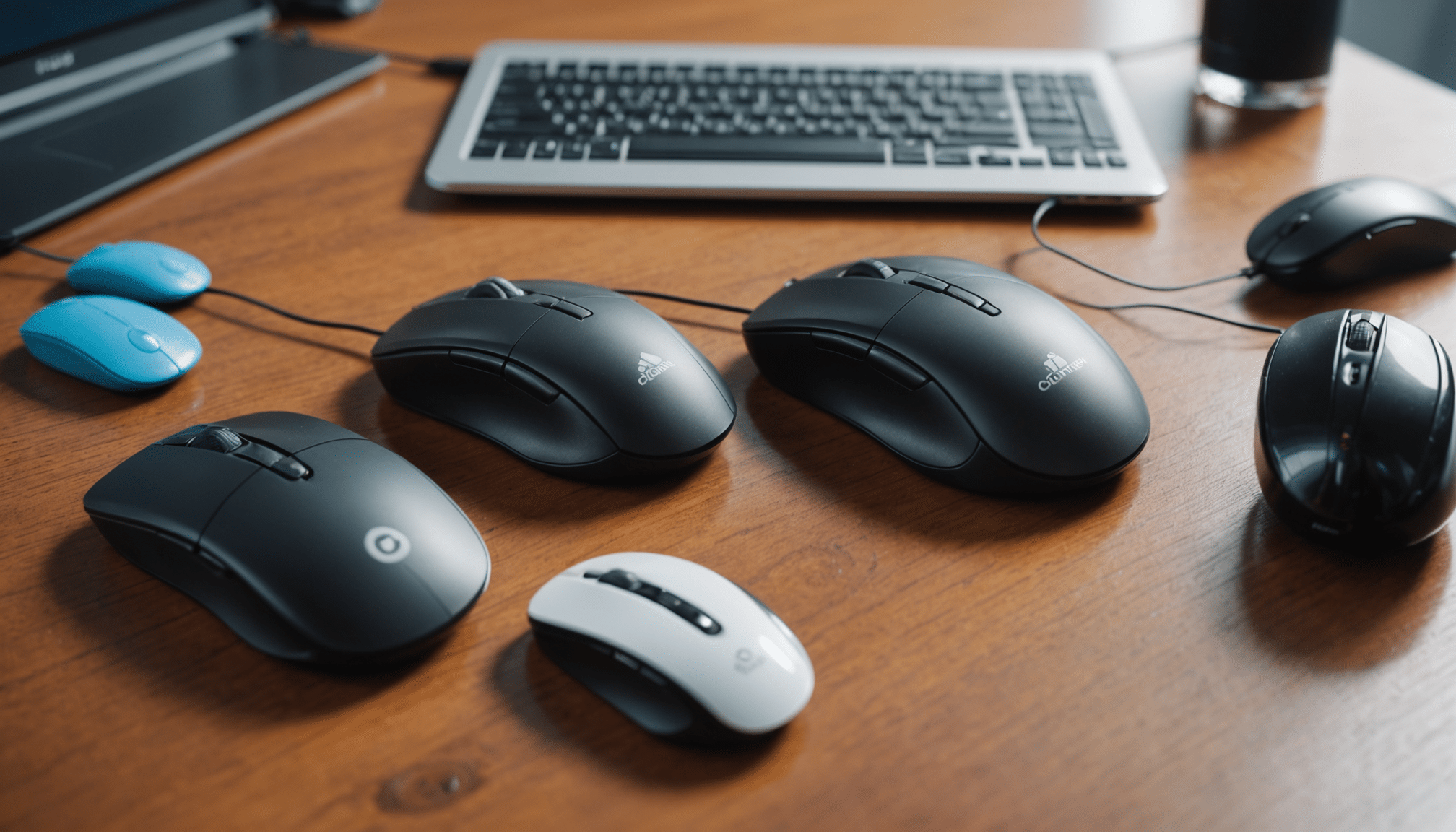 Four computer mice on clean desk with cleaning supplies.