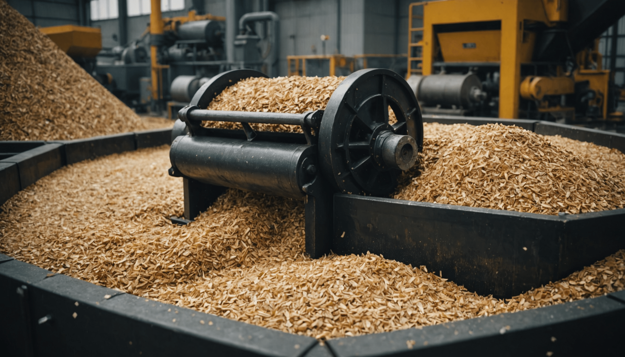 Industrial grinder transforming woodchips into pulp mixture.