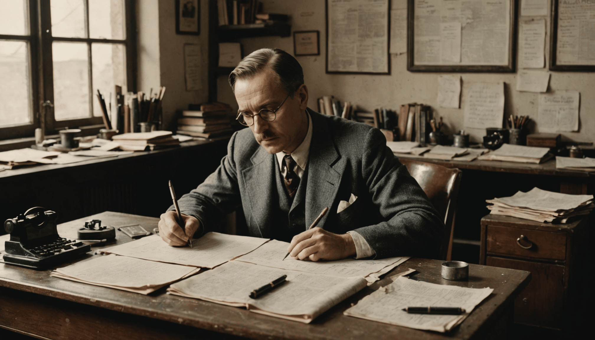 László Bíró testing ballpoint pen in 1930s Budapest office