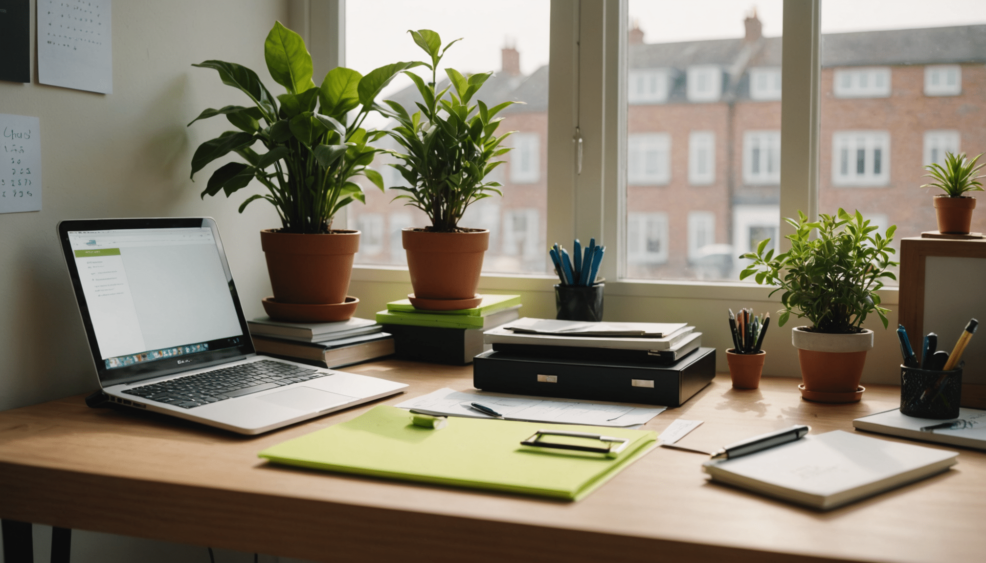 Modern, organized workspace with natural light and greenery.