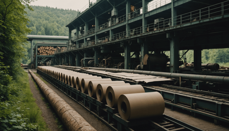 Paper mill transforming wood into smooth paper rolls