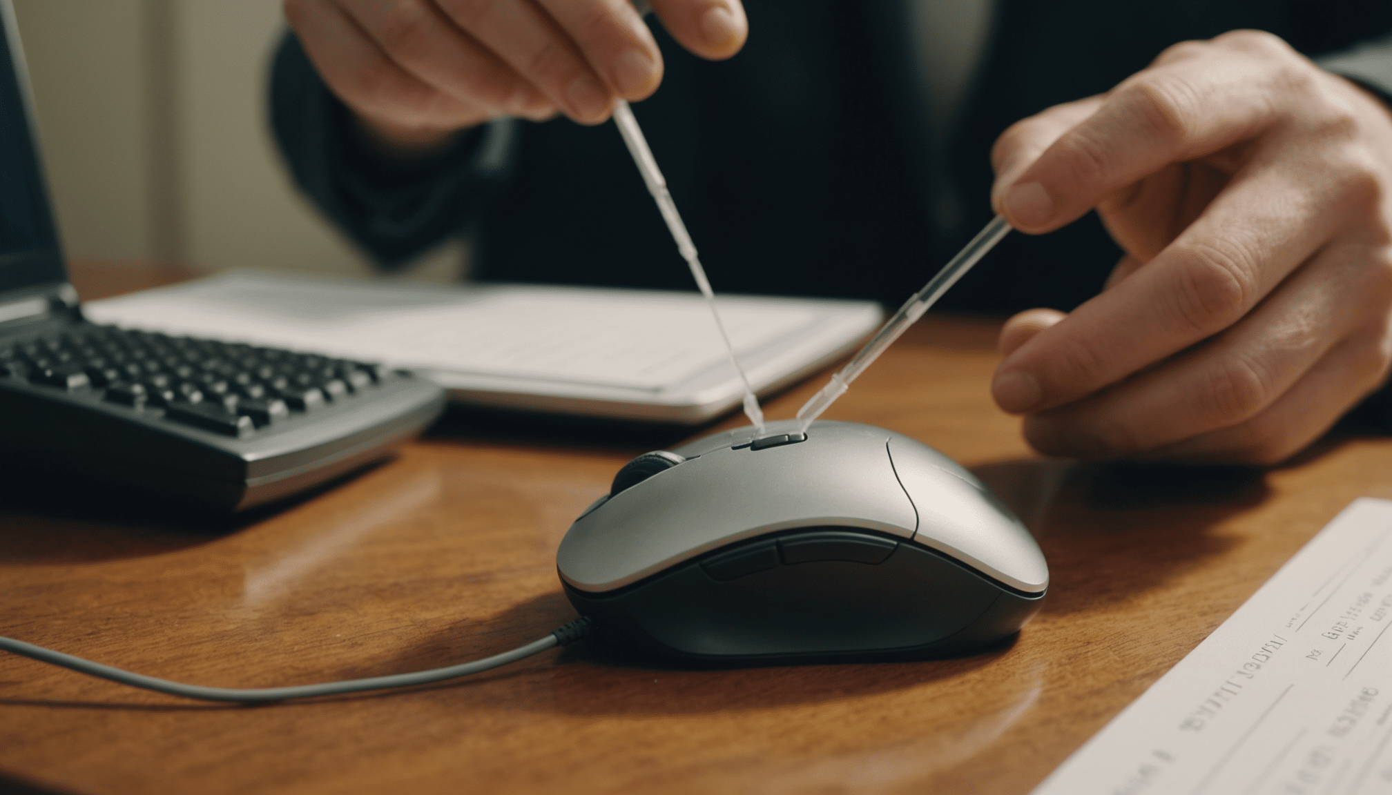 Person meticulously cleaning mouse on tidy workspace setup