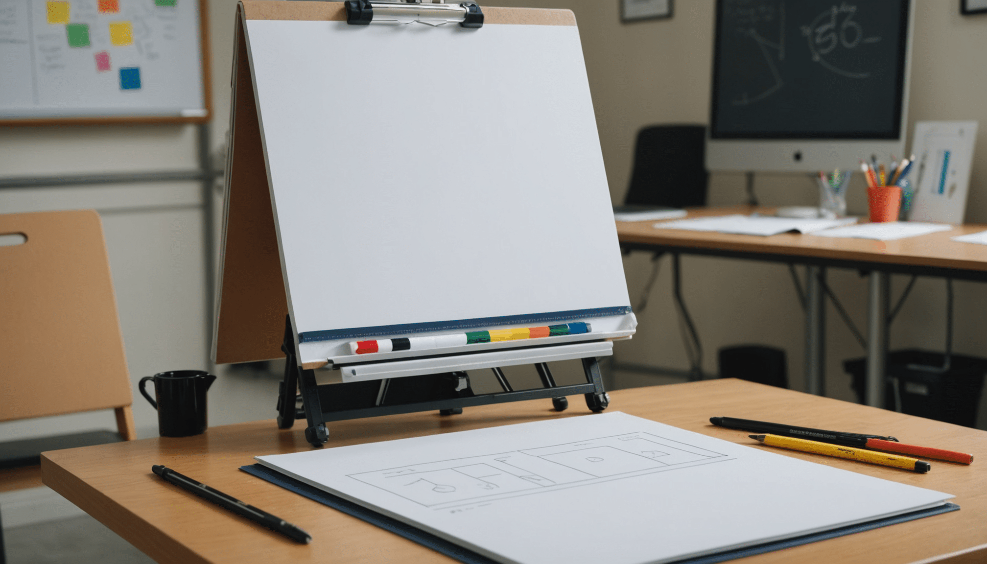 Ready flipchart pad and markers on workshop table.