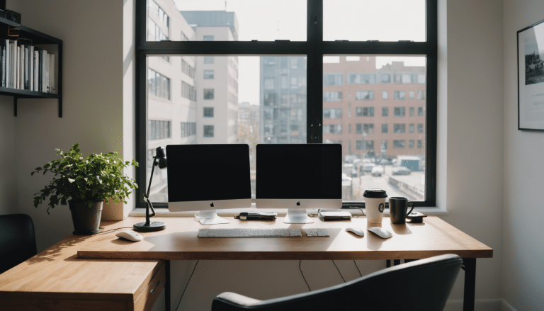 Sleek modern office with ergonomic design and natural light.