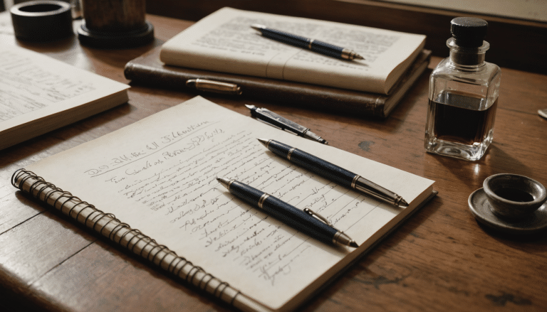 Vintage desk displaying evolutionary journey of pens.