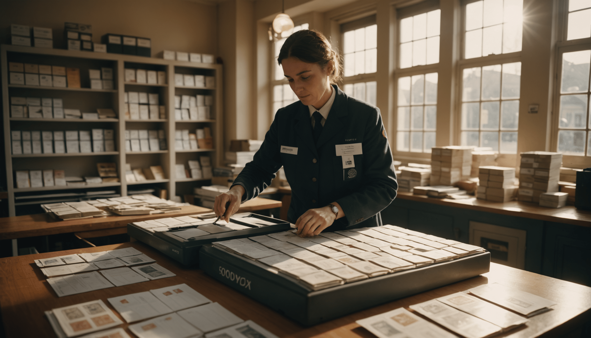 Busy post office scene with sunlight filtering in.