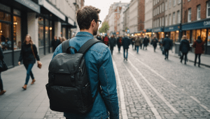 Commuter with ergonomic backpack and reusable coffee cup.