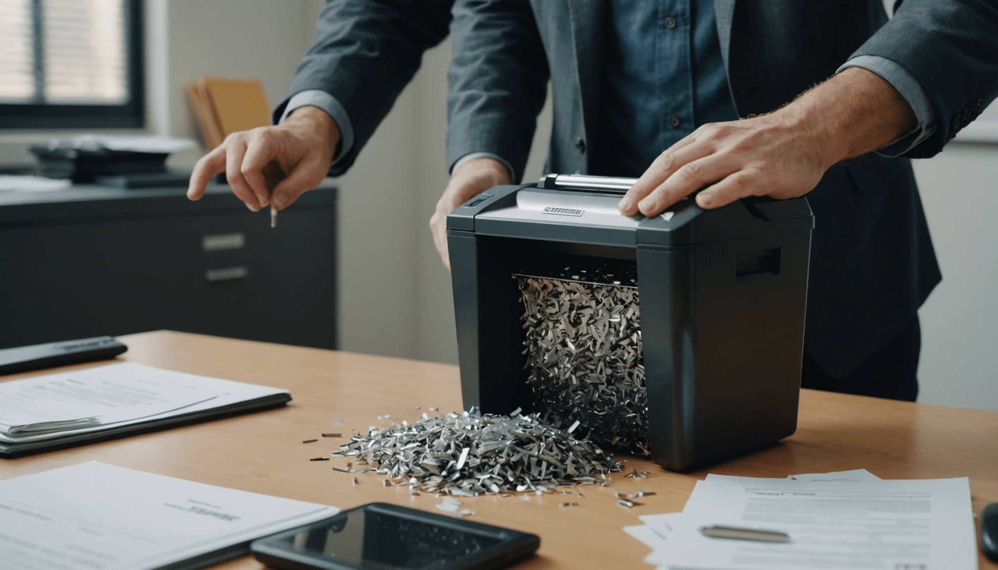 Employee using high-security shredder in well-lit office.