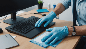 Person meticulously sanitizing office electronics for hygiene.