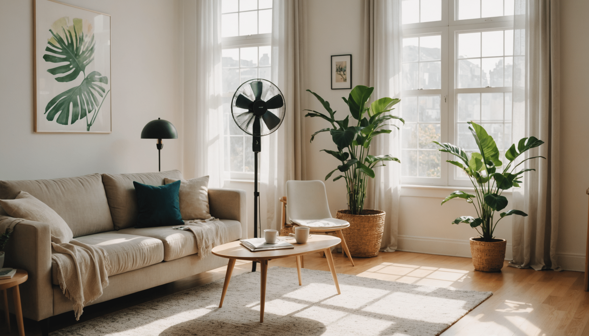 Bright modern living room with sleek oscillating fans.