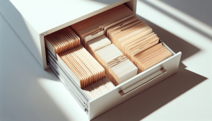 Organized office drawer revealing neat stacks of paper