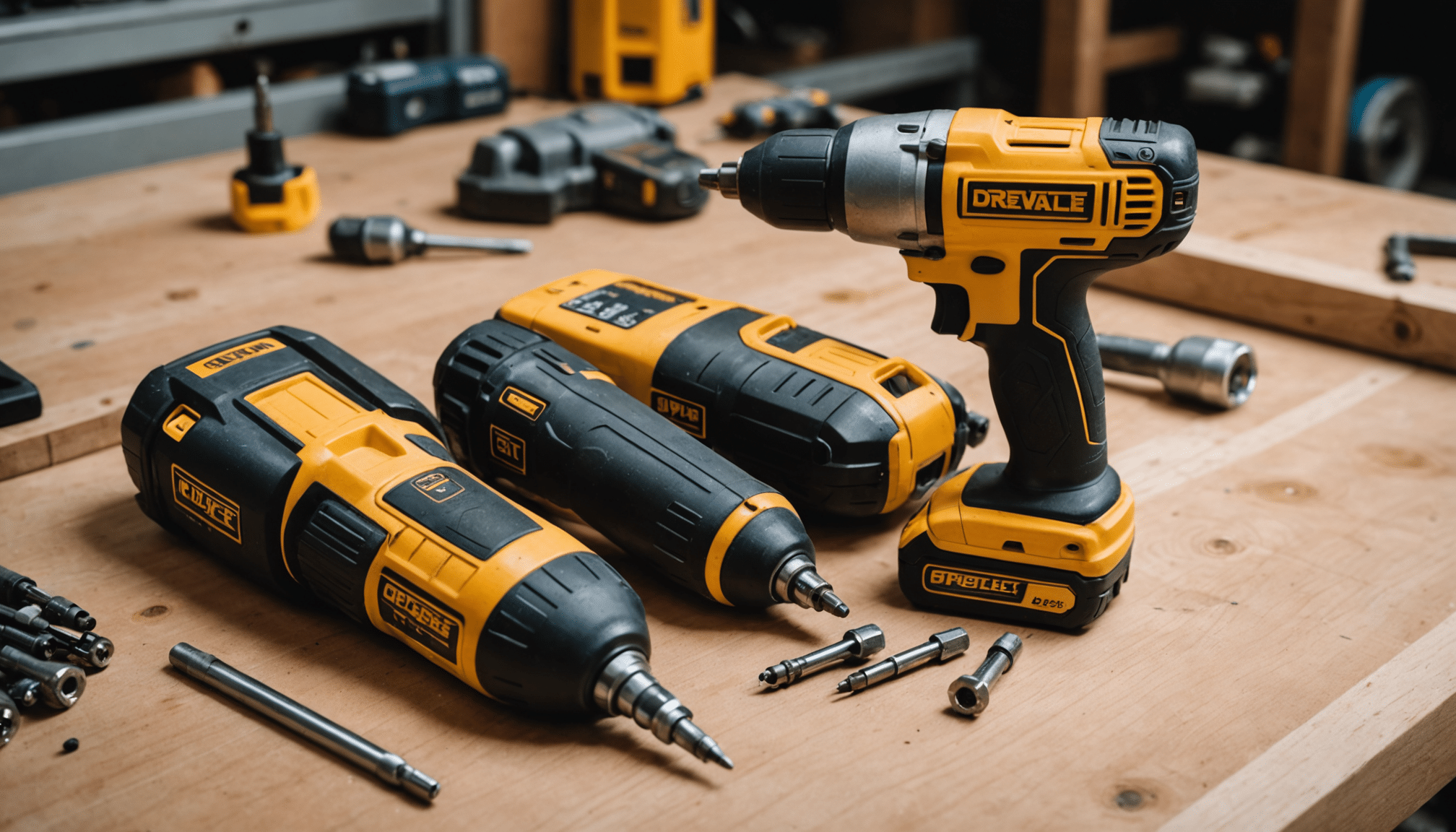Cordless tools on workbench, amid DIY workspace essentials.