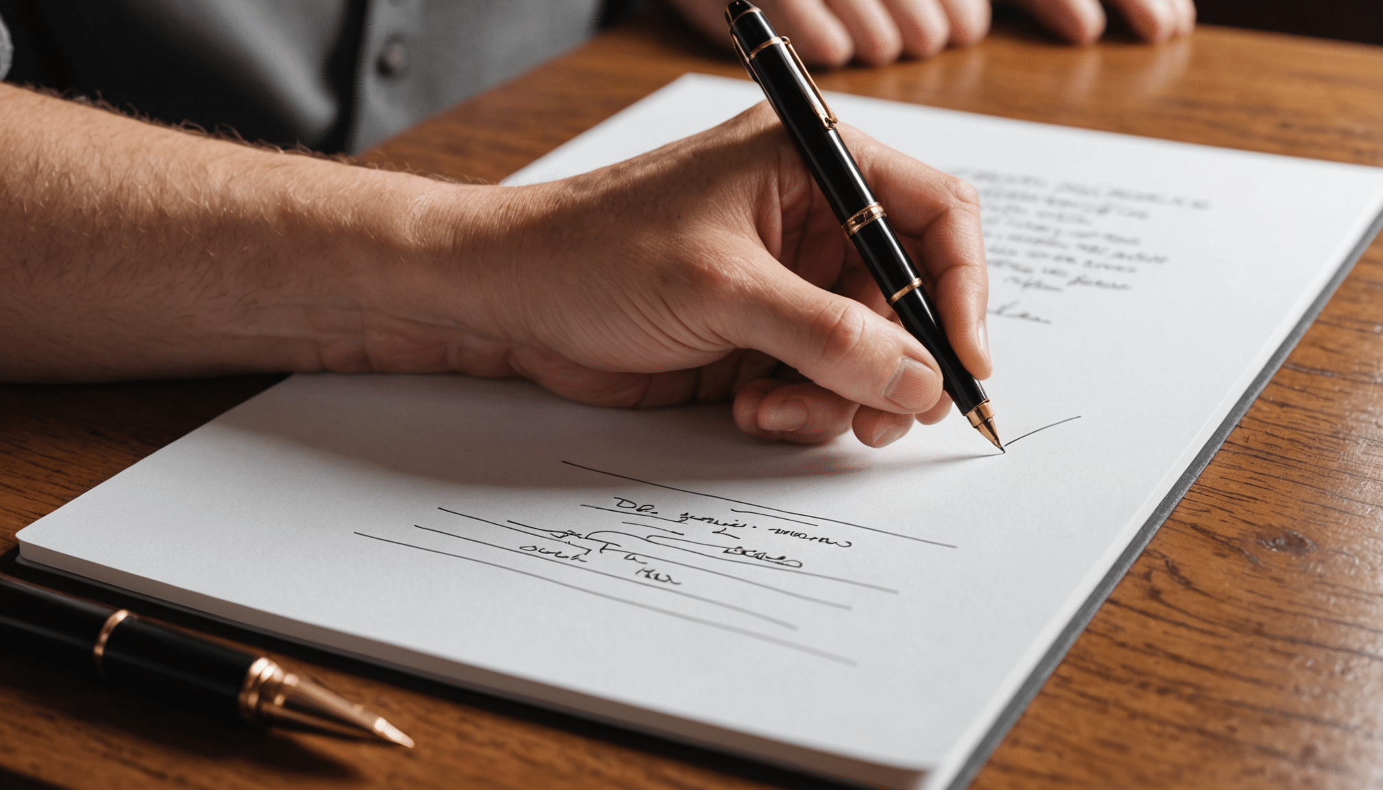 Elegant hand scribing with fountain pen on desk.