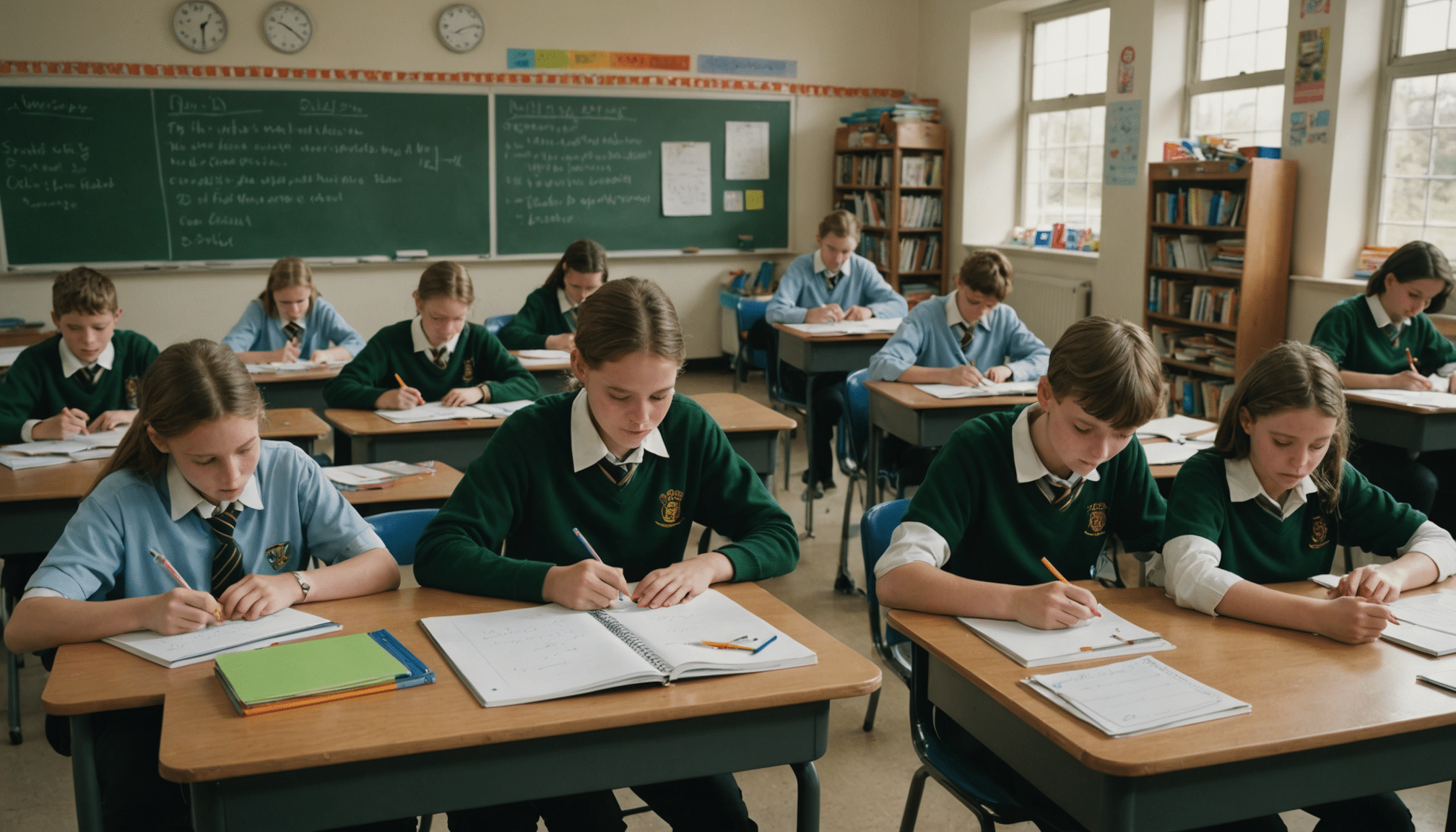 Organized classroom scene with diligent students and teacher.
