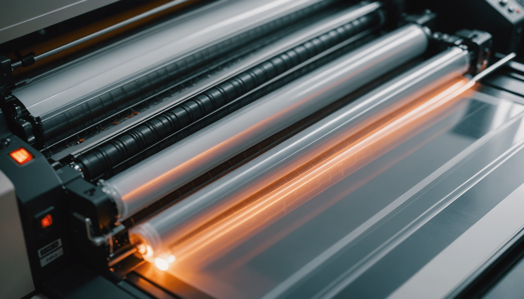 Document laminating process under heated rollers close-up
