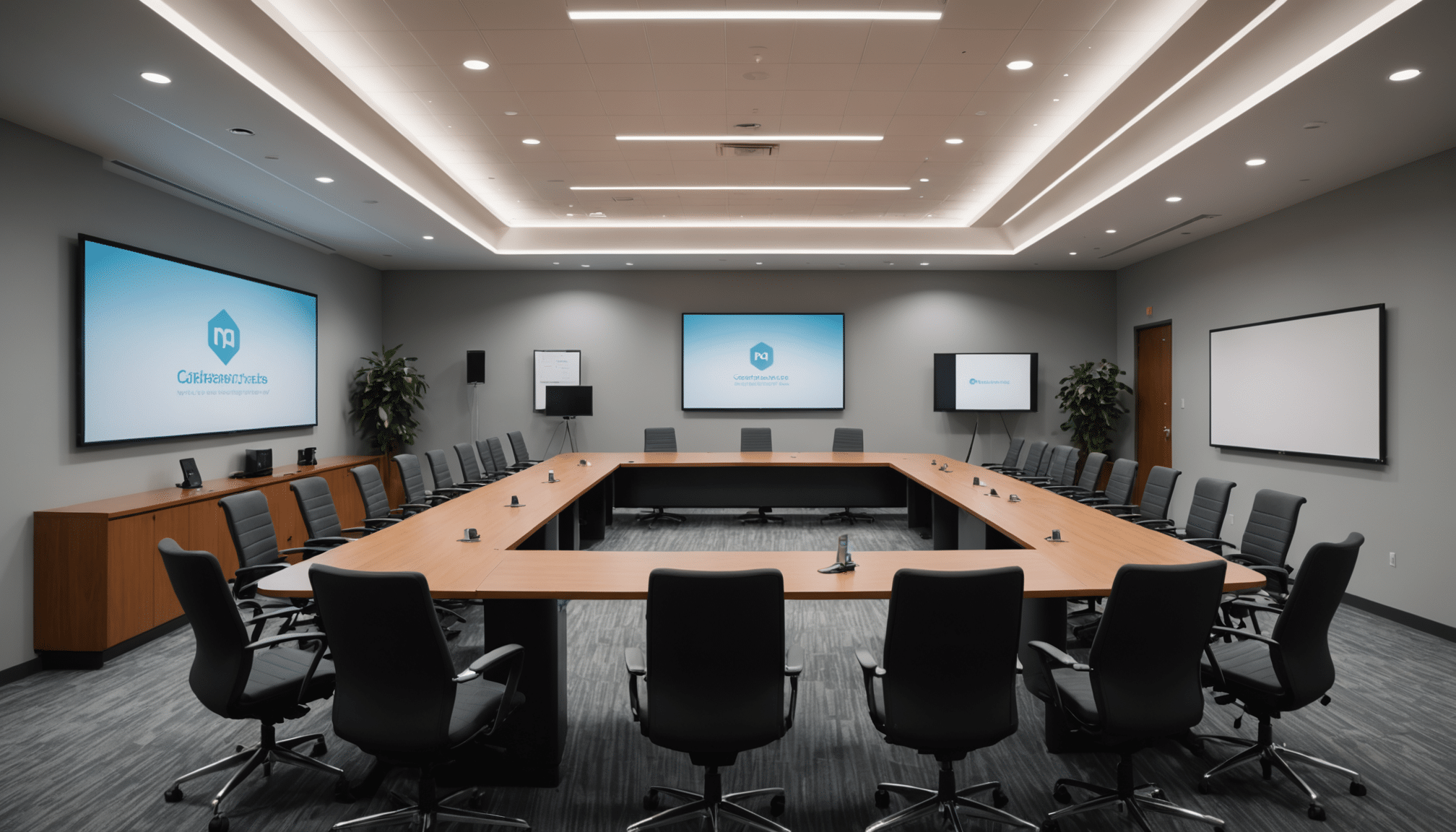 Hybrid meeting in a well-equipped, modern conference room.