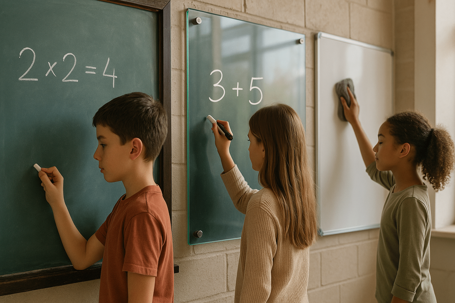 Students interact with various chalkboards in sunlight.