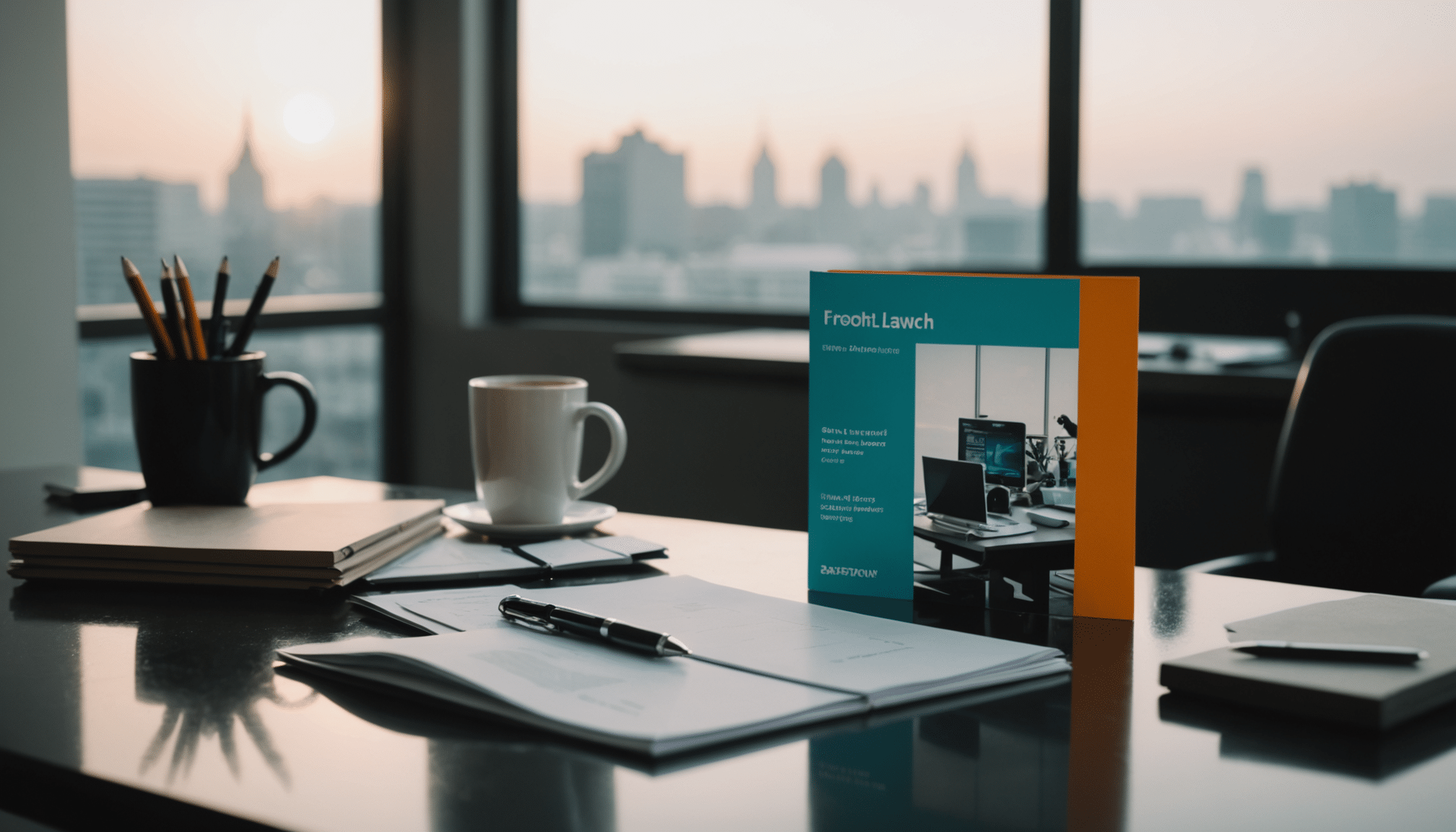 Vibrant and muted marketing brochures in illuminated workspace.