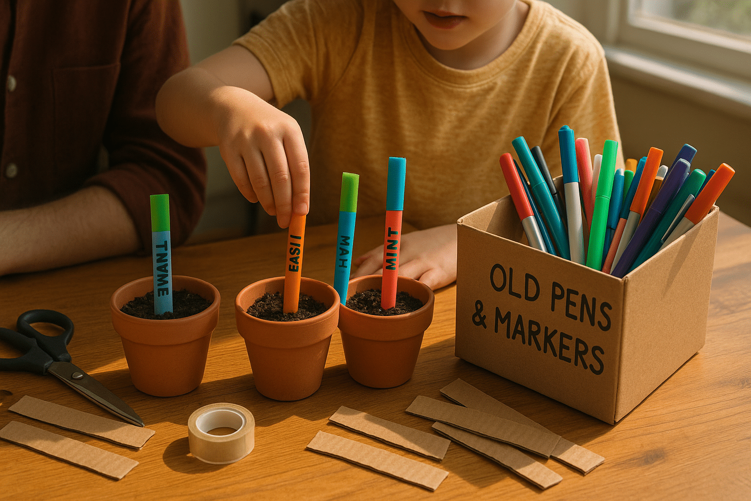 Child and parent creating colorful herb pot labels.