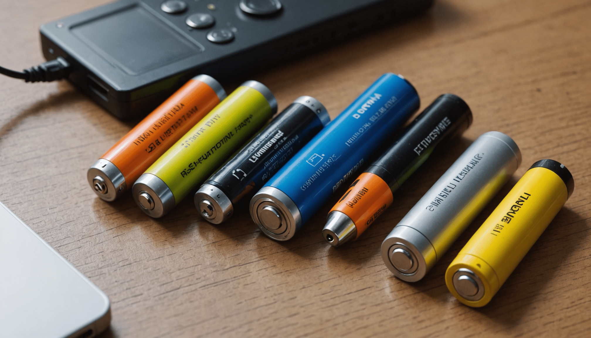 Various AAA batteries alongside common electronic devices.