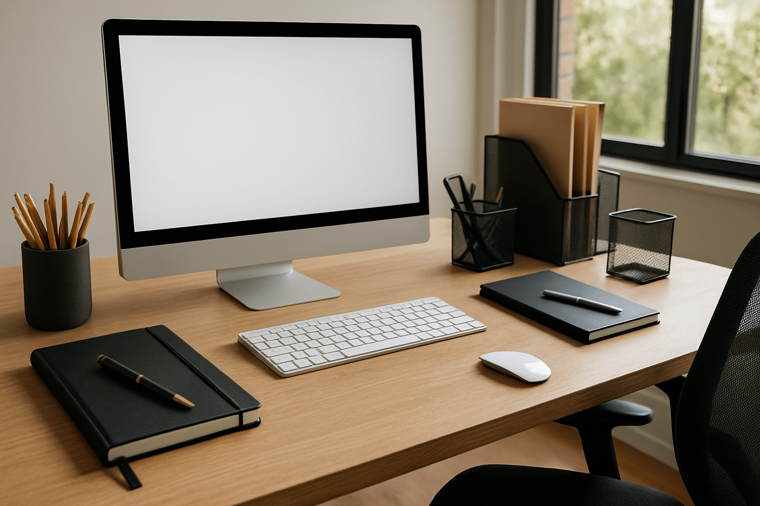 Ergonomic workspace featuring premium office supplies and furniture