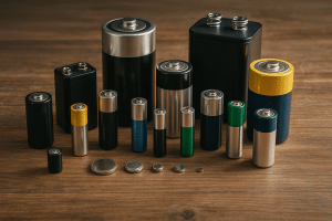 Different battery types displayed on a wooden table