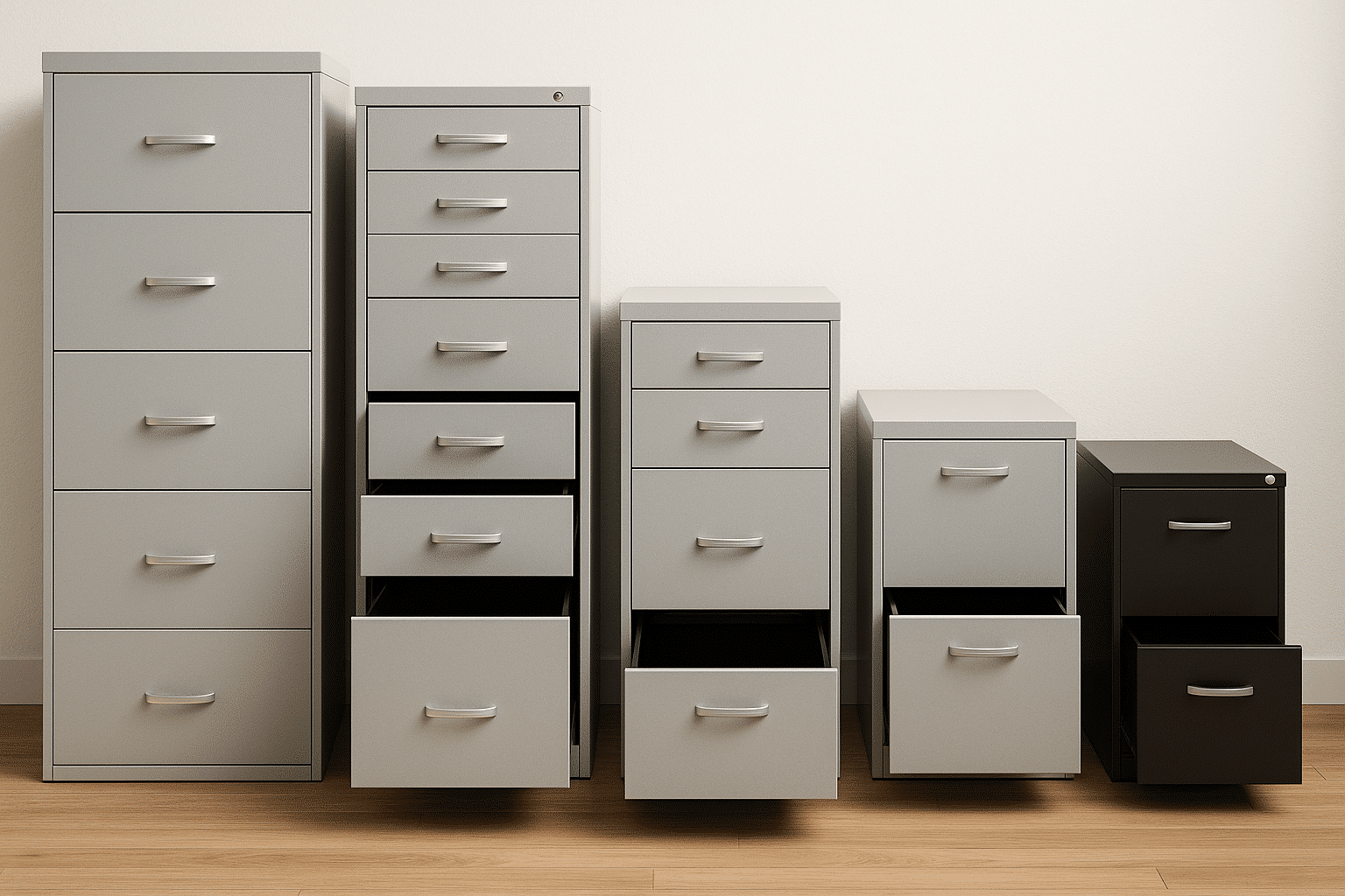 Choosing the Right Filing Cabinet: How Many Drawers Do You Need? Various filing cabinet styles showcasing drawer capacities displayed