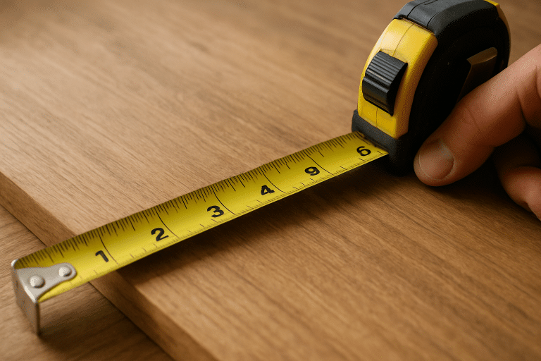 Measuring tape stretched across a smooth wooden surface