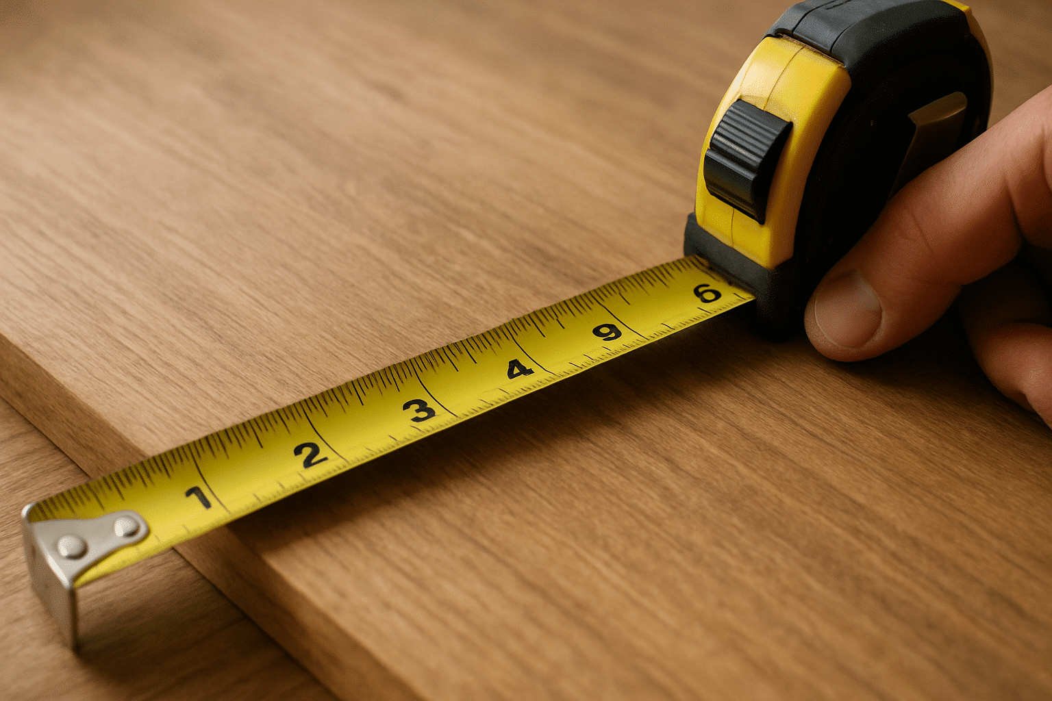 Measuring tape stretched across a smooth wooden surface