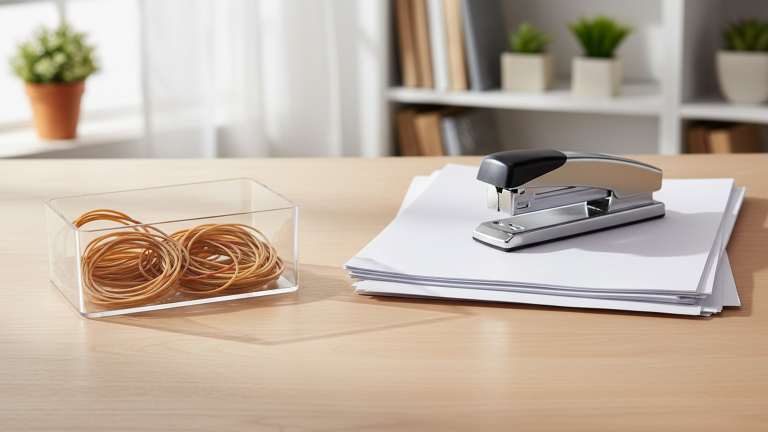 Cheap Rubber Bands – Affordable Office Supplies Beige Viking rubber bands in an acrylic container on a bright office desk with documents and a stapler.