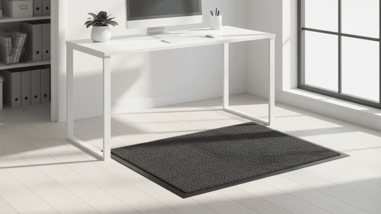 Cheap Anti Fatigue Mats – Affordable Office Supplies Black polypropylene indoor doormat in a bright office setting, showcasing its textured surface and modern design.