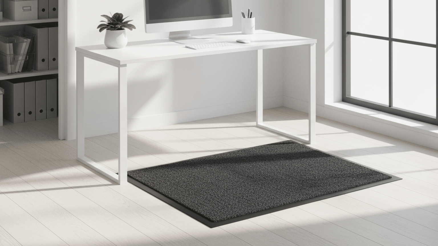 Black polypropylene indoor doormat in a bright office setting, showcasing its textured surface and modern design.