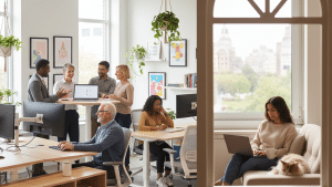 Diverse team collaborating in a bright, modern office with ergonomic furniture and a productive atmosphere.