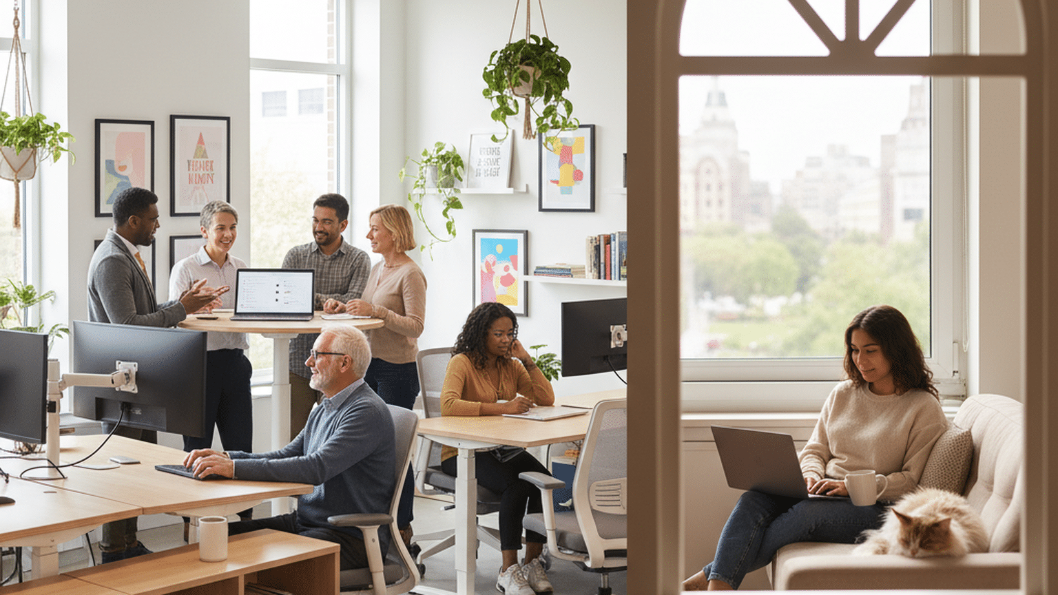 Diverse team collaborating in a bright, modern office with ergonomic furniture and a productive atmosphere.