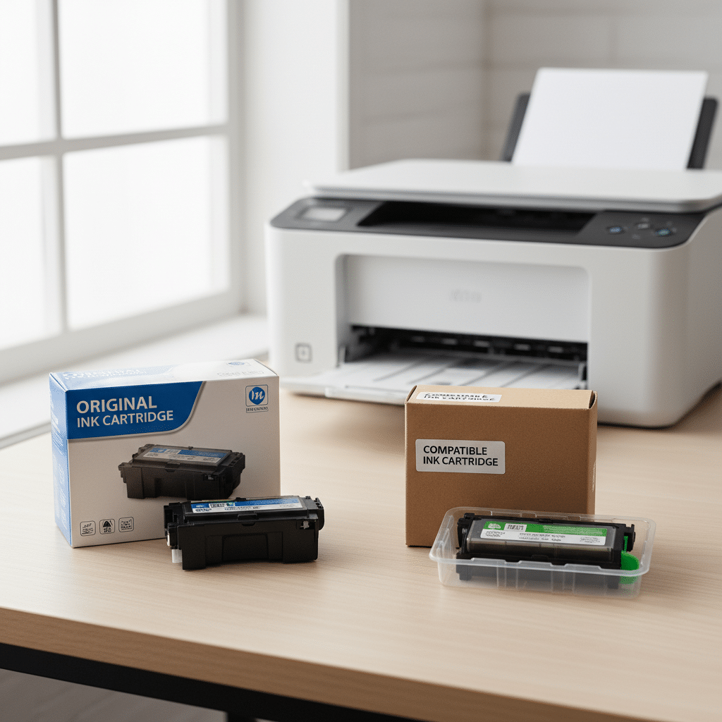 Original vs compatible ink cartridges with printer background