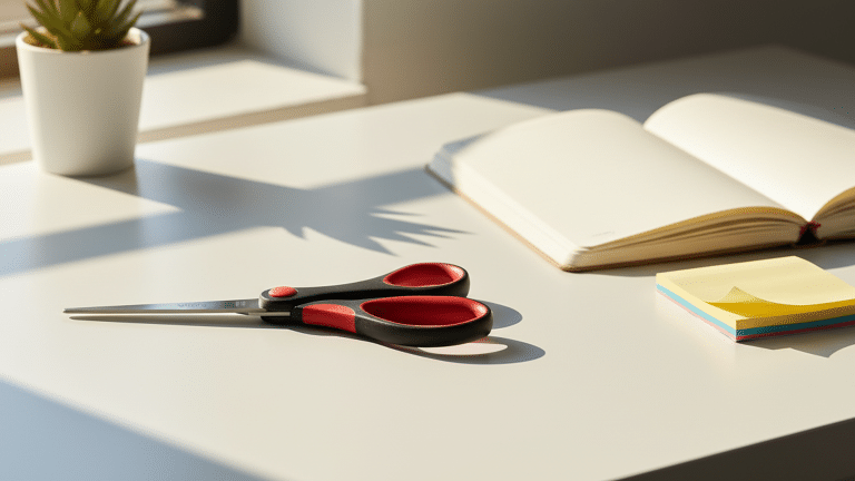 Cheap Scissors – Affordable Office Supplies Left-handed Viking scissors on a white desk with a notebook and sticky notes, illuminated by warm natural light.