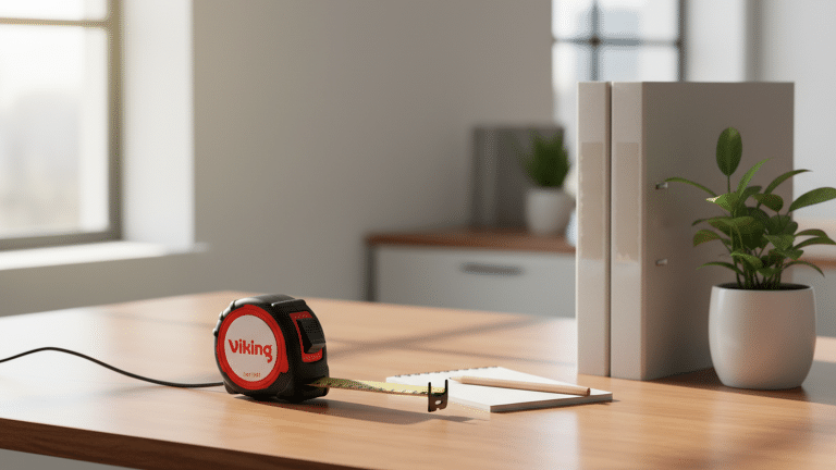 Cheap Tape Measures – Affordable Office Supplies Viking 5m Non-Magnetic Lockable Tape Measure on a polished desk with office supplies and a potted plant.