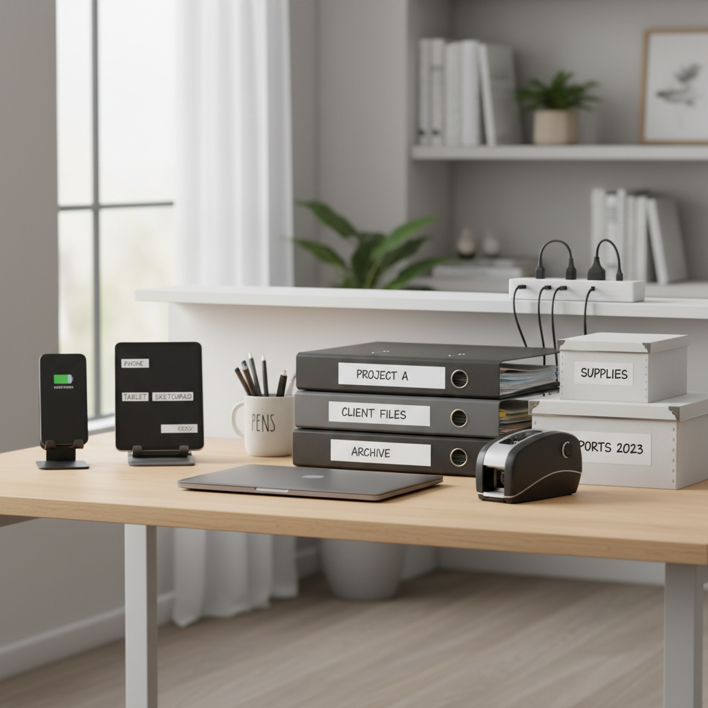 How to Choose the Right Label for Every Office Task Organized desk with labeled items for efficient workflow