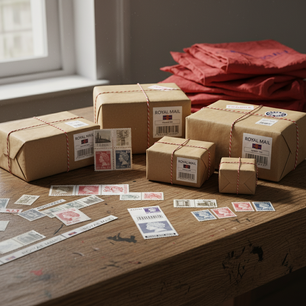 Royal Mail stamps and parcels on wooden desk