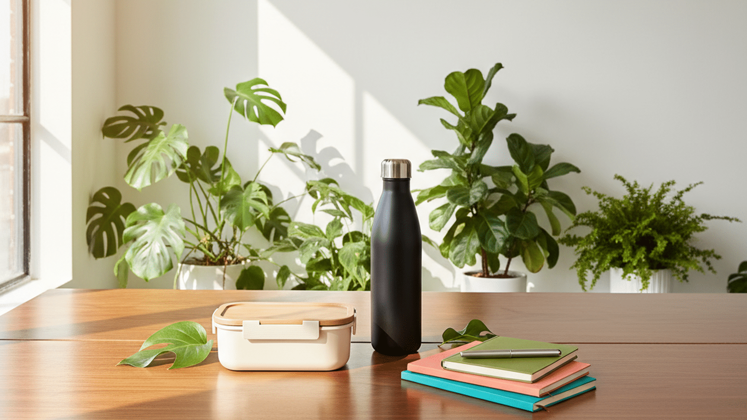 Stylish lunch container and reusable water bottle on a polished wooden table in a sunlit office break room.