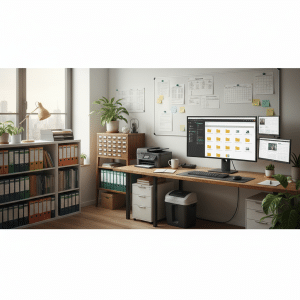 Efficient office setup blending physical and digital management