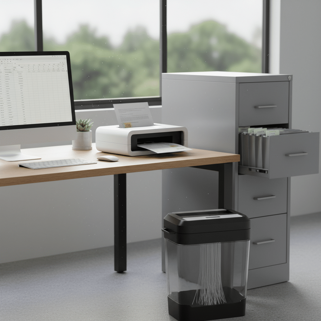 Managing documents with scanner shredder and filing cabinet