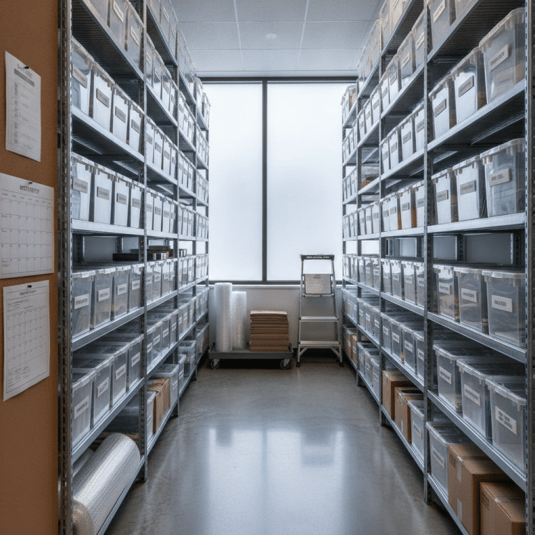Organized office supply room with labeled shelves and