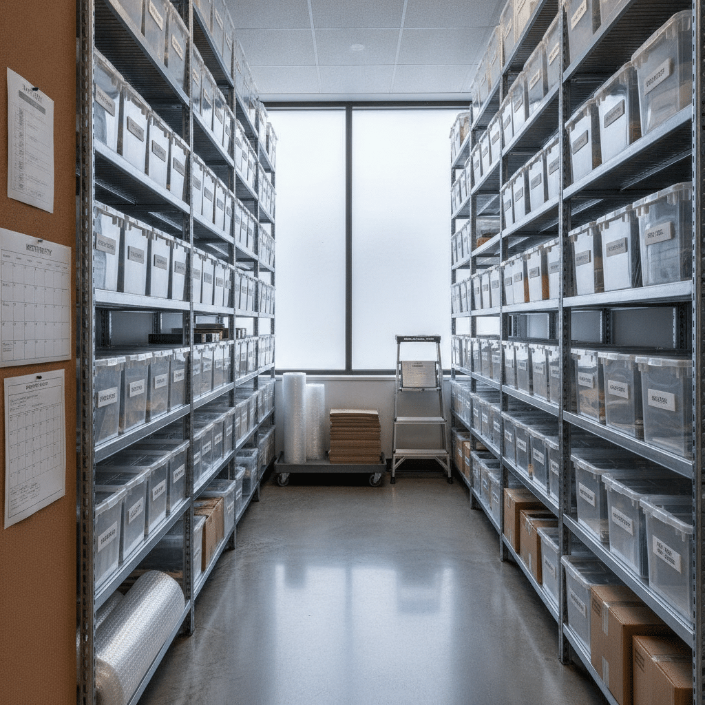 Organized office supply room with labeled shelves and