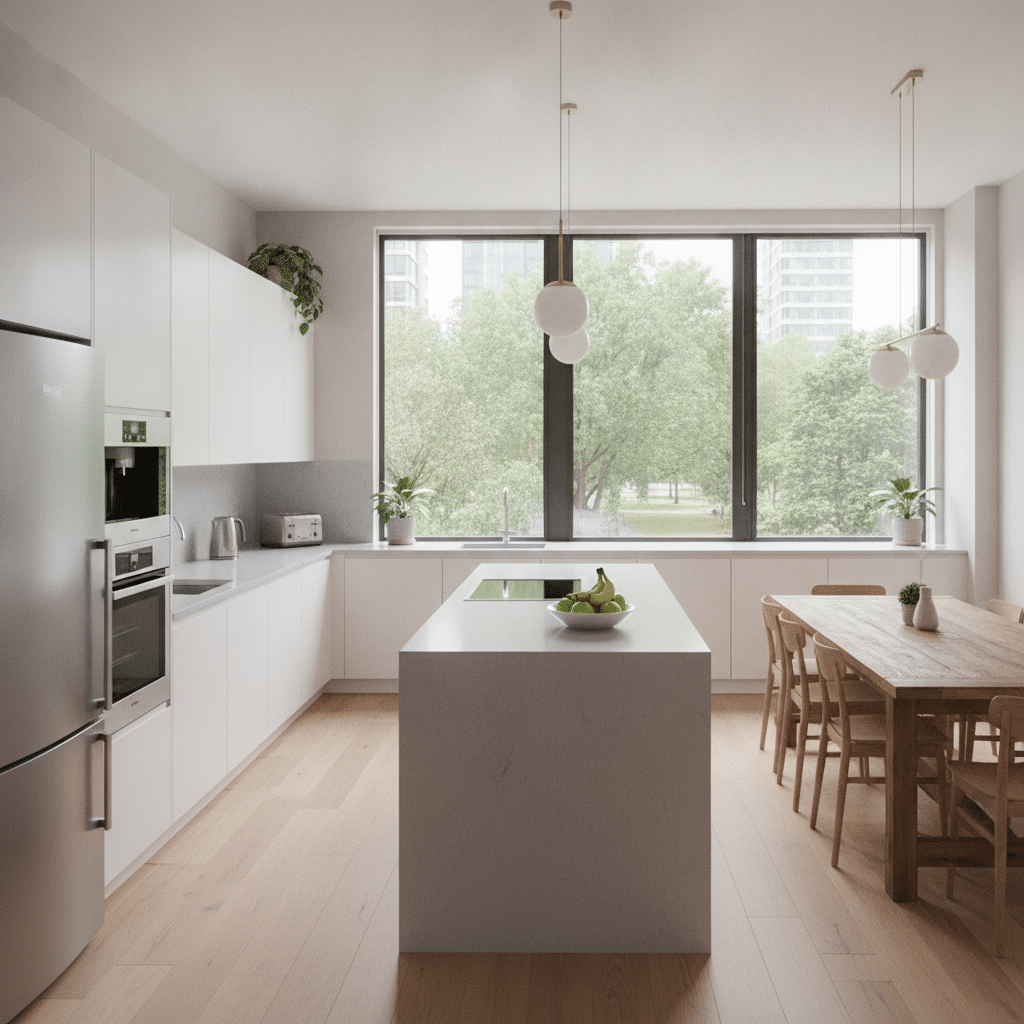 Modern office kitchen with natural light and appliances