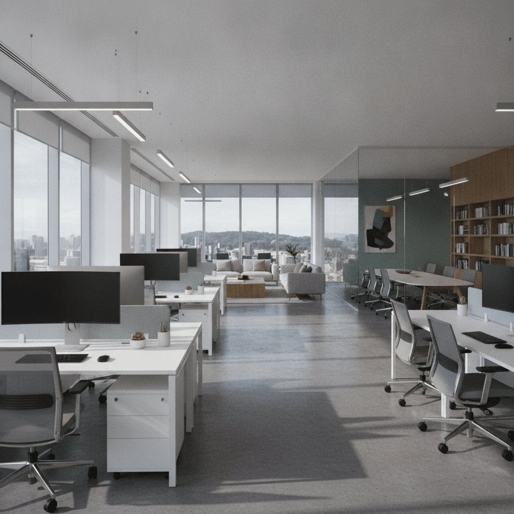 Modern office space with abundant natural light streaming