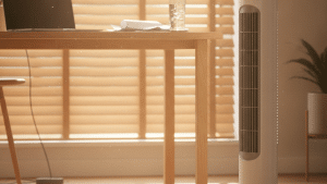 White tower fan cooling a modern home office with a laptop and iced water on a warm summer afternoon.