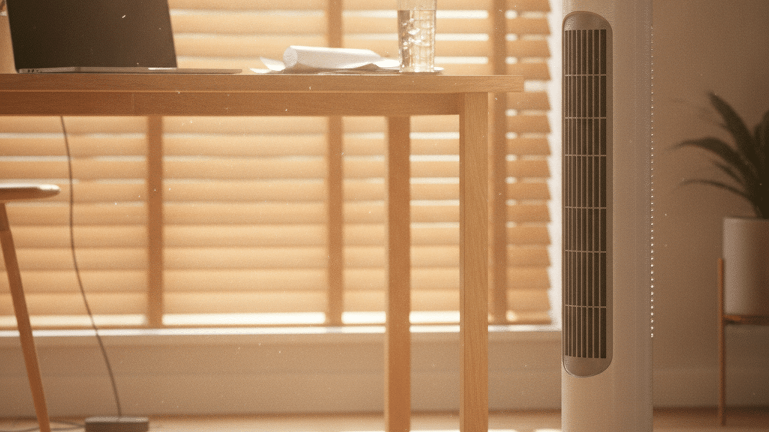White tower fan cooling a modern home office with a laptop and iced water on a warm summer afternoon.
